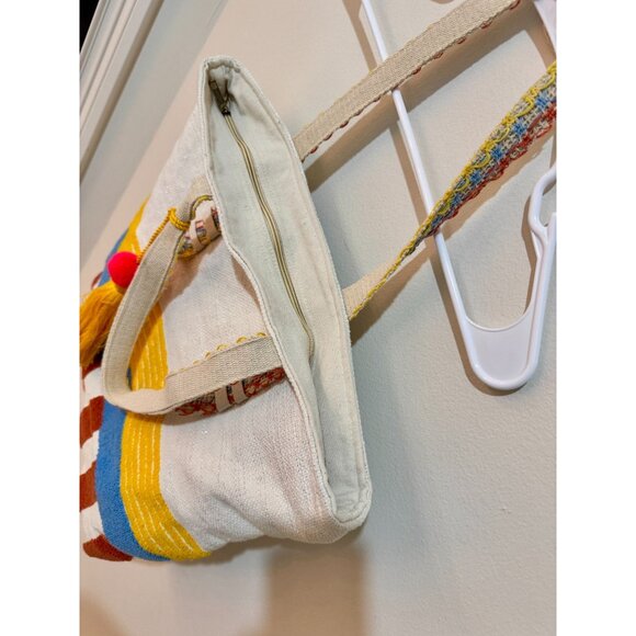 Canvas Tote Bag With Red Stripes Yellow & Blue Accents Multicolor Handles - Picture 5 of 8